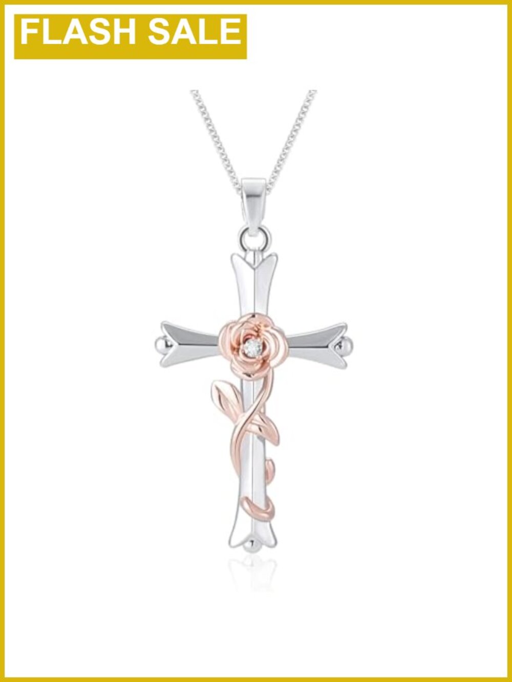 Dual-Tone Cross Pendant Necklace 16in Birthflower Christian Jewelry